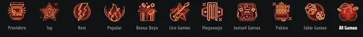Gransino Casino Game Categories – Browse Top, Megaways, Table Games Game category icons at Gransino Casino interface, including Providers, Top, New, Popular, Bonus Buys, and more