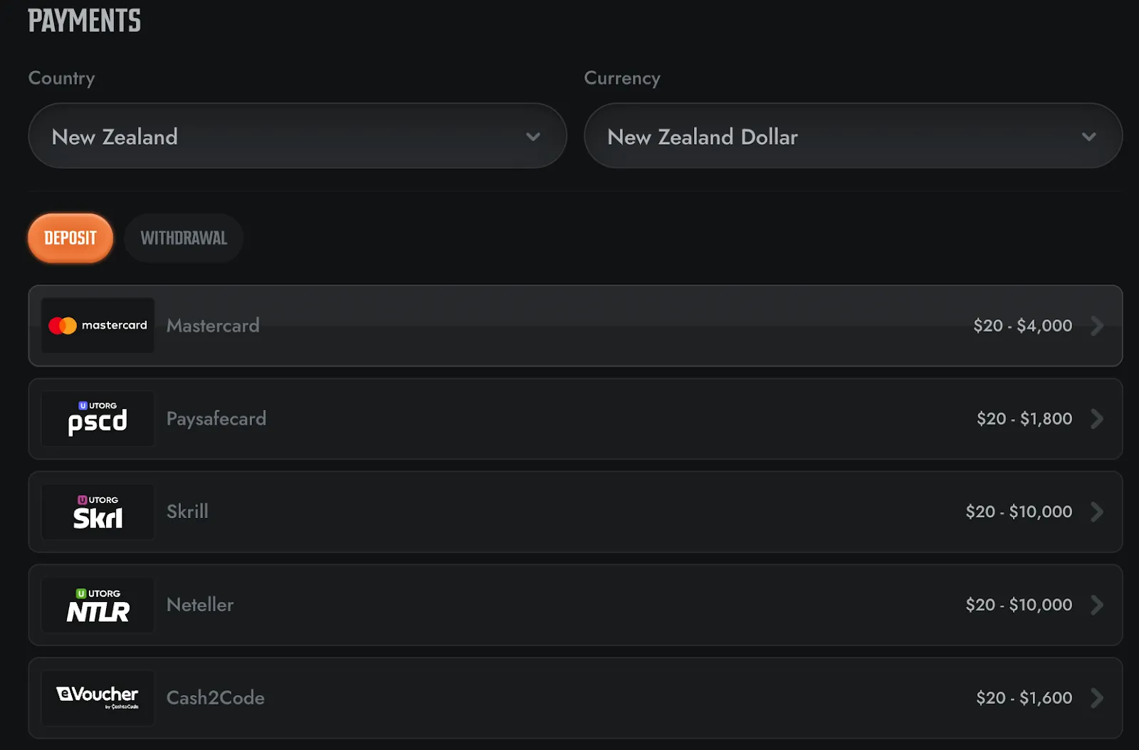 Gransino Casino NZ – Payment options from $20 up to $10,000 Gransino Casino deposit methods in New Zealand – Mastercard, Skrill, Neteller, Paysafecard, Cash2Code
